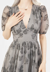 Vanessa Butterfly Print Organza Puff Sleeve Midaxi Dress