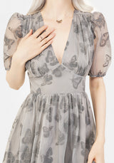 Vanessa Butterfly Print Organza Puff Sleeve Midaxi Dress