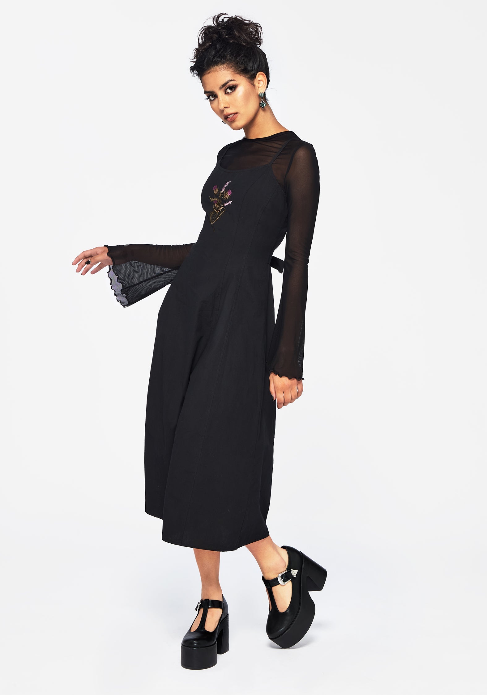 embroidered cami midi dress Despair Cotton Thistle Embroidered Cami Tie Back Midi Dress Disturbia