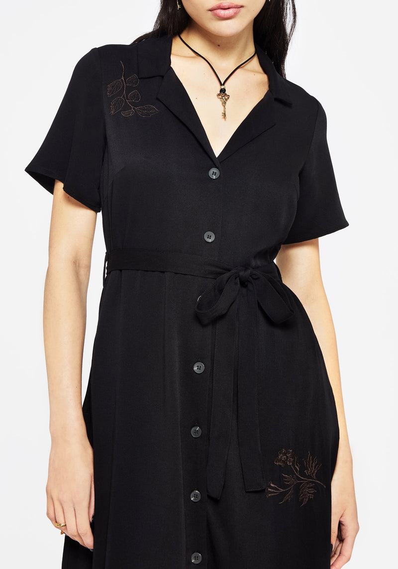 Fairfolk Floral Embroidery Tie Waist Button Down Midi Shirt Dress