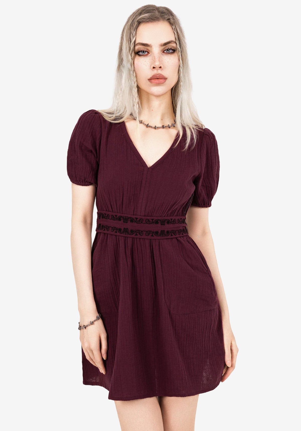 Poultice Bestickt Baumwolle Mini Kleid
