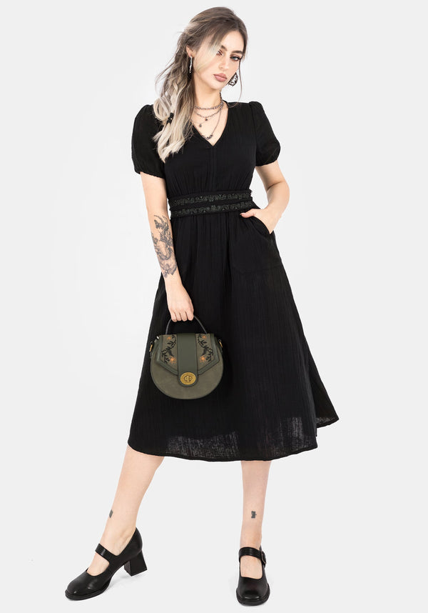 Poultice Embroidered Cotton Midi Dress - Black
