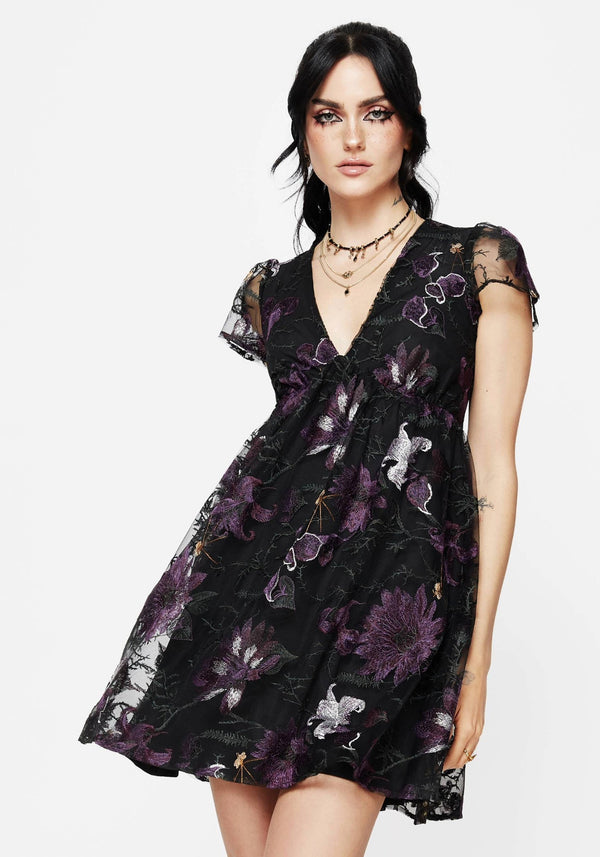 Estrid Embroidered Mesh Flute Sleeve Mini Dress