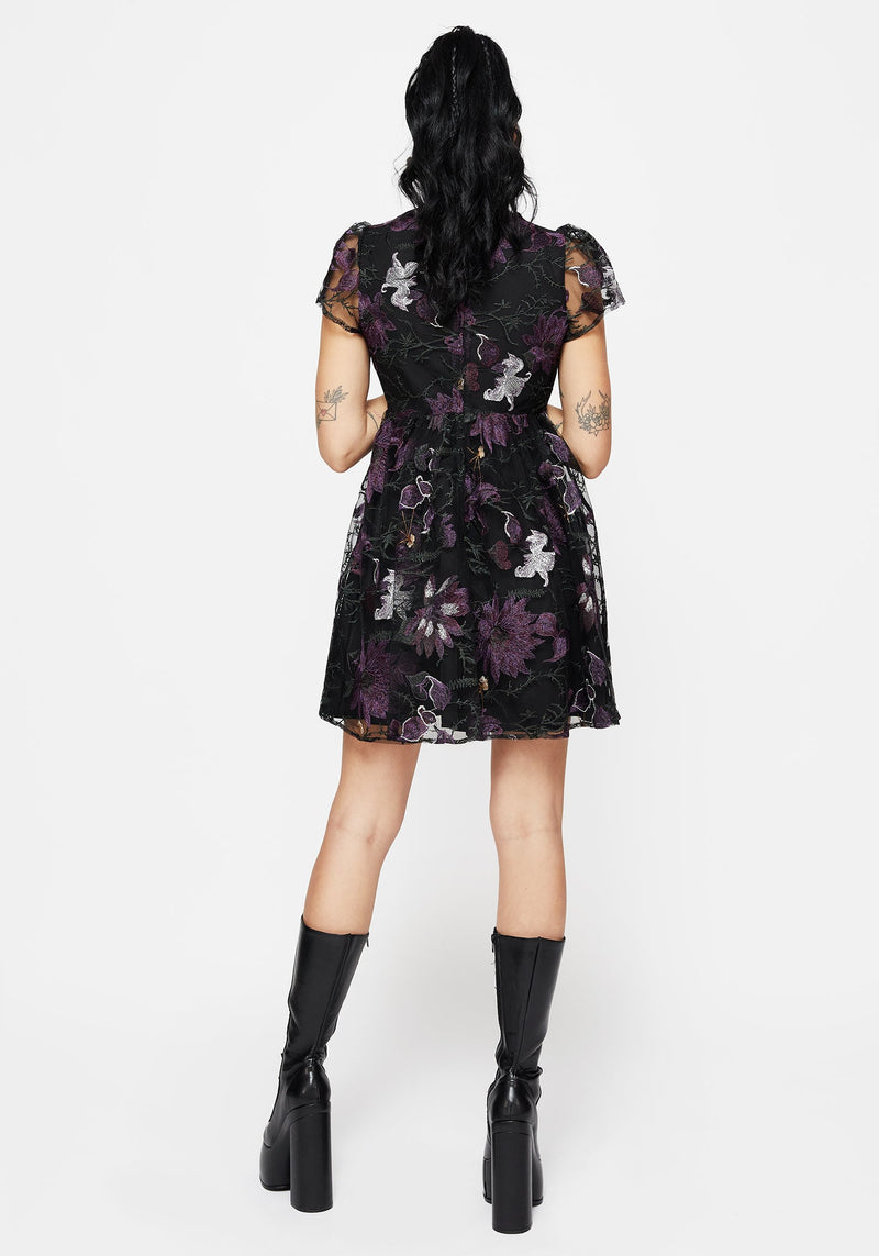 Estrid Embroidered Mesh Flute Sleeve Mini Dress