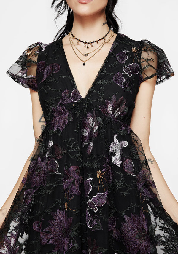 Estrid Embroidered Mesh Flute Sleeve Mini Dress