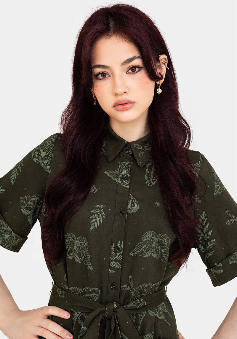 Callopistria Moth Print Mini Shirt Dress - Green