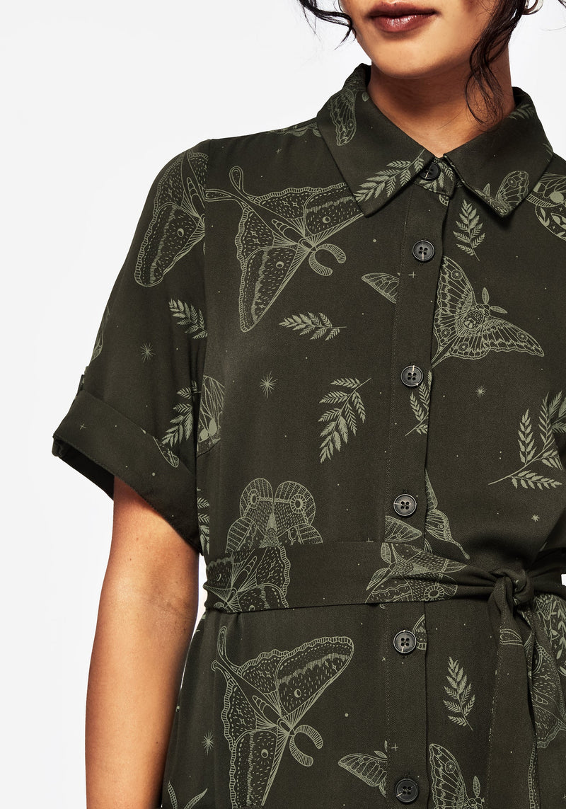 Callopistria Moth Print Midi Shirt Dress - Green