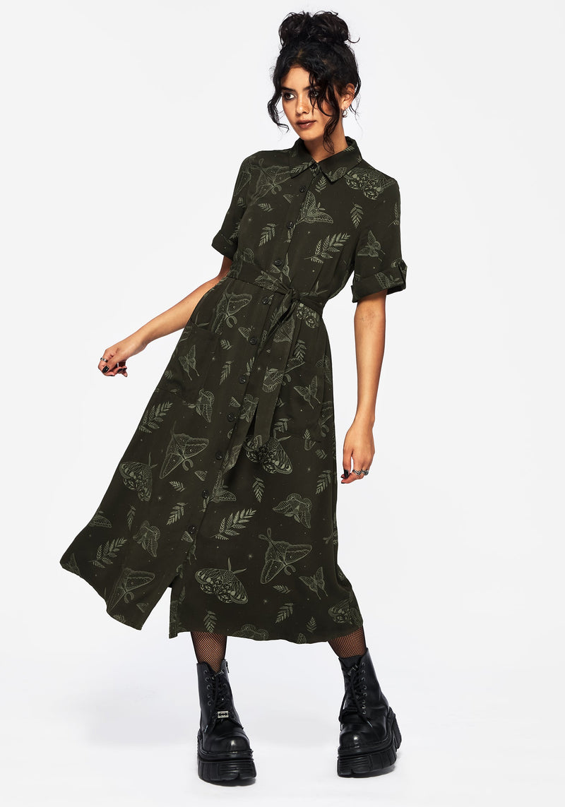 Callopistria Moth Print Midi Shirt Dress - Green
