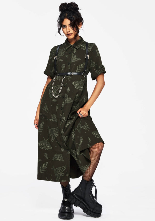 Callopistria Moth Print Midi Shirt Dress - Green