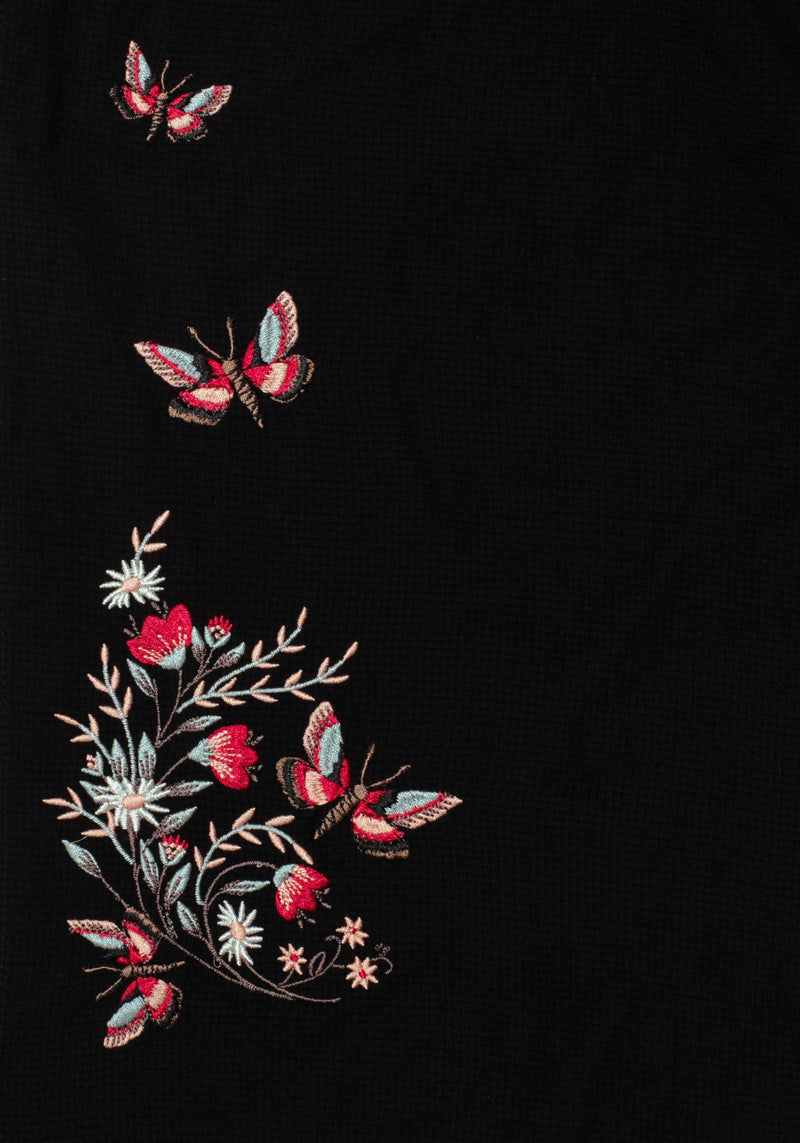 Copia Moth Embroidered Cotton Puff Sleeve Split Skirt Midi Dress