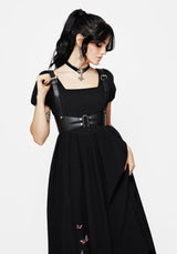 Copia Moth Embroidered Cotton Puff Sleeve Split Skirt Midi Dress