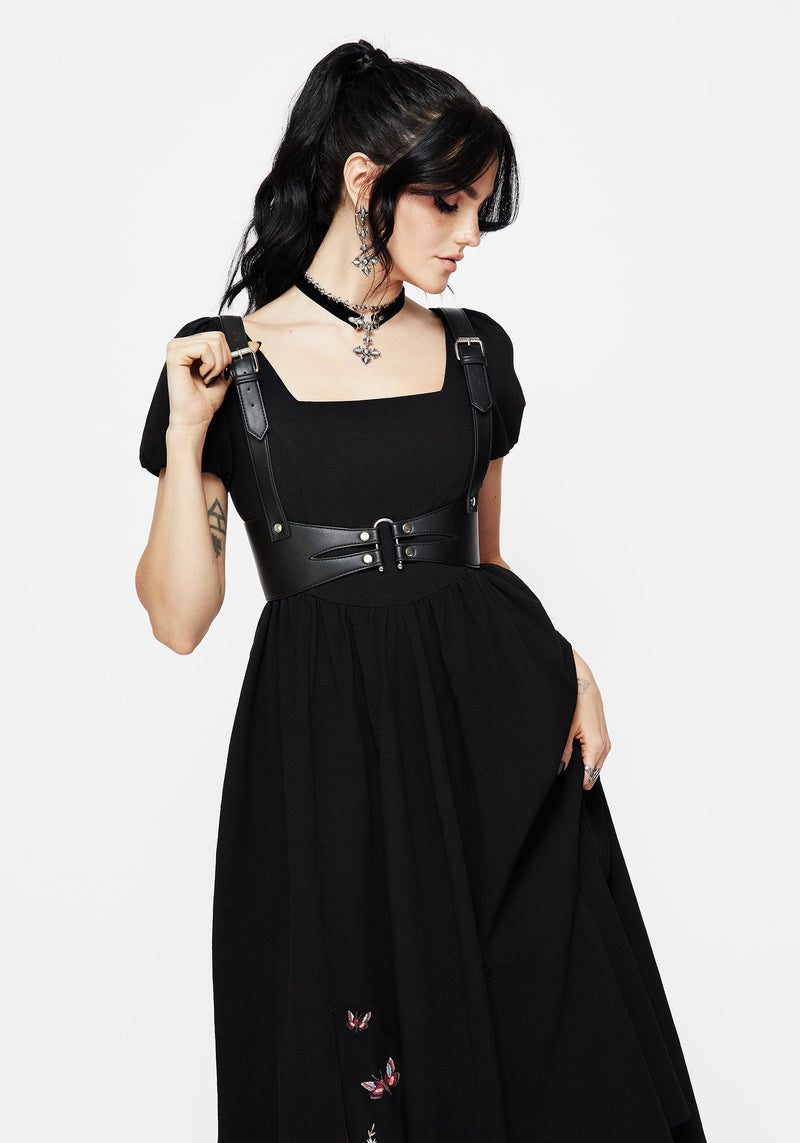 Copia Moth Embroidered Cotton Puff Sleeve Split Skirt Midi Dress