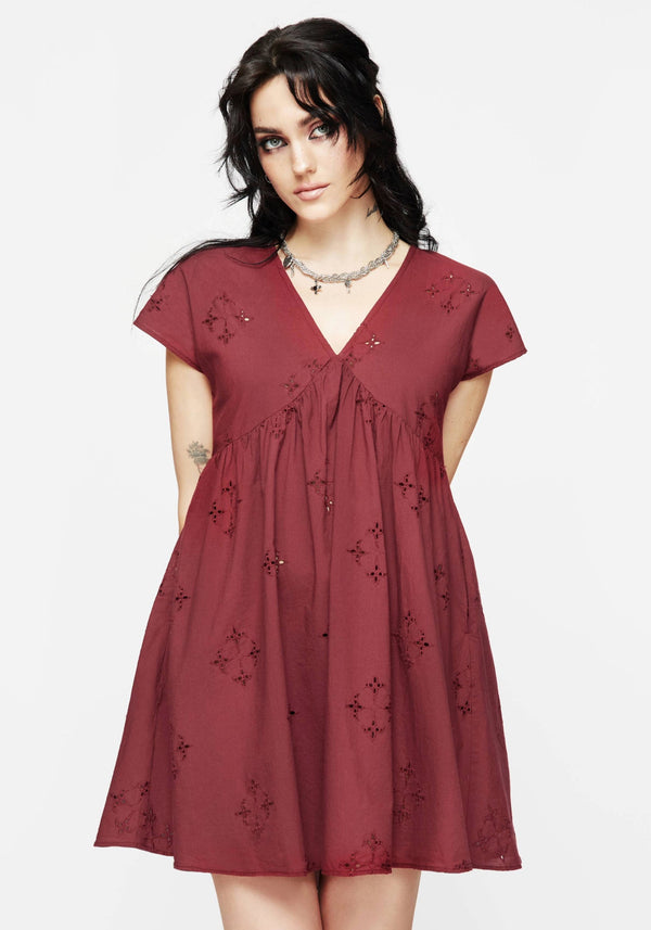 Crux Broderie Cotton Smock Mini Dress - Red