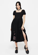 Copia Moth Embroidered Cotton Puff Sleeve Split Skirt Midi Dress