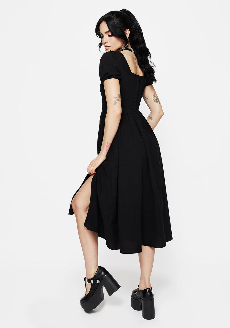 Copia Moth Embroidered Cotton Puff Sleeve Split Skirt Midi Dress