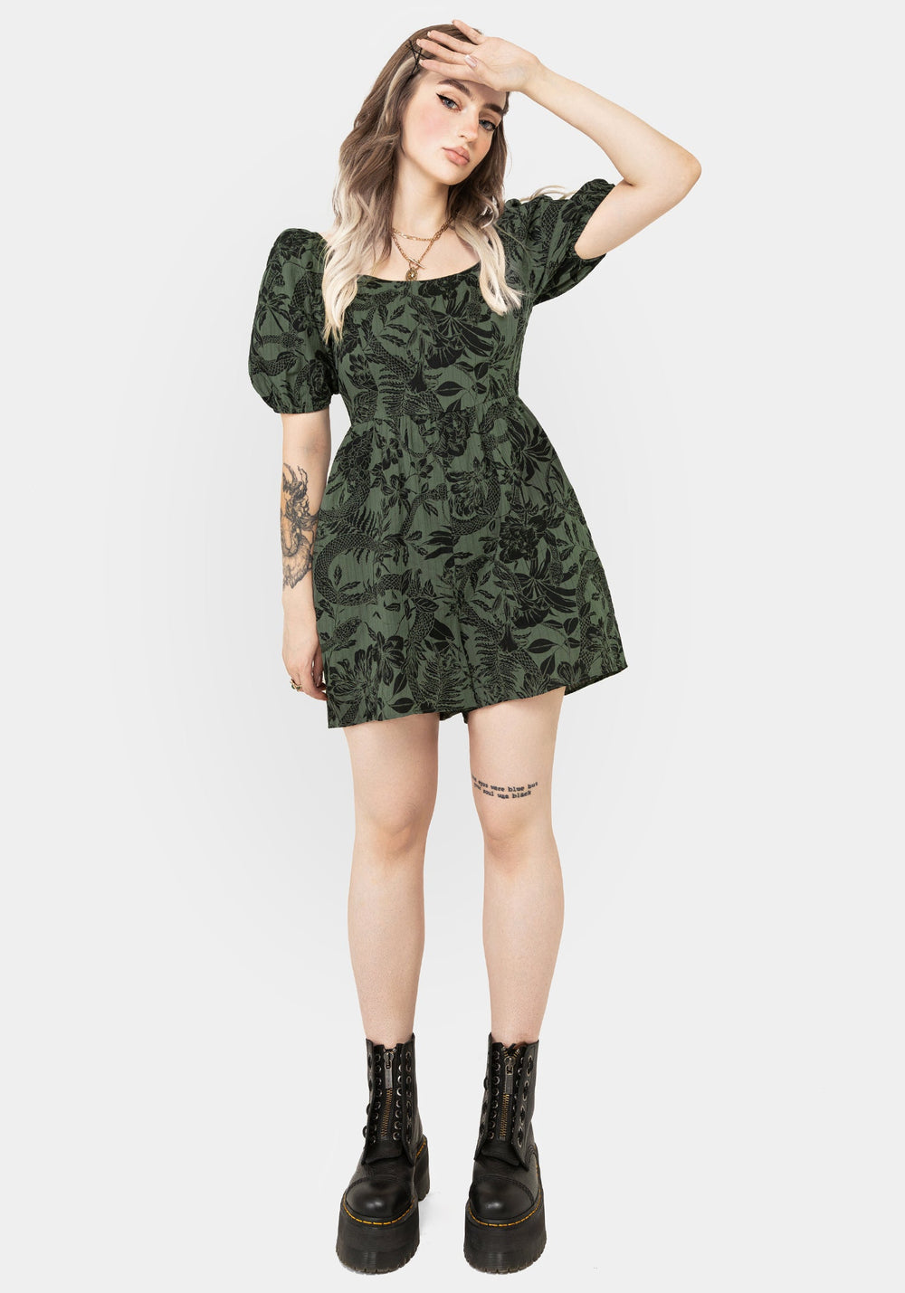 Bashe Cotton Puff Sleeve Playsuit - Green – Disturbia