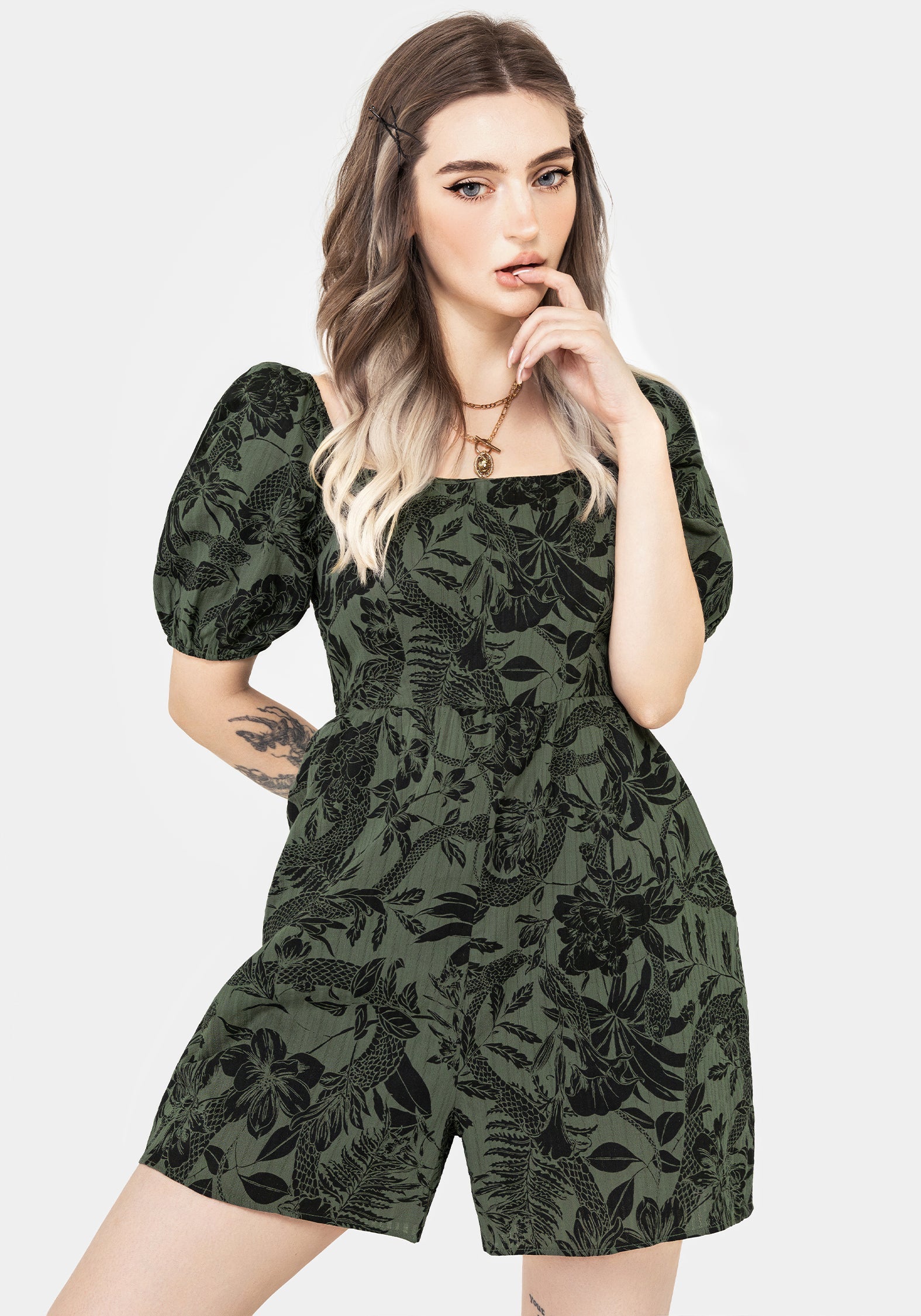 Bashe Cotton Puff Sleeve Playsuit - Green – Disturbia