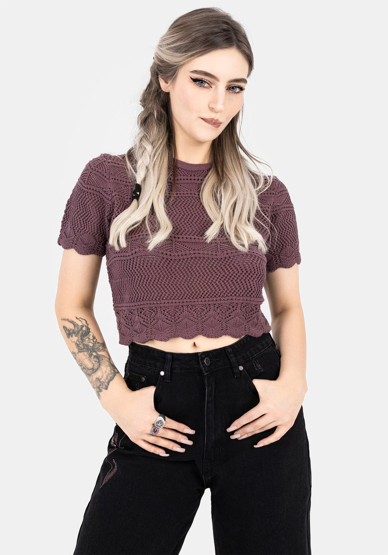 Hooked Pointelle Short Sleeve Crop Top - Purple