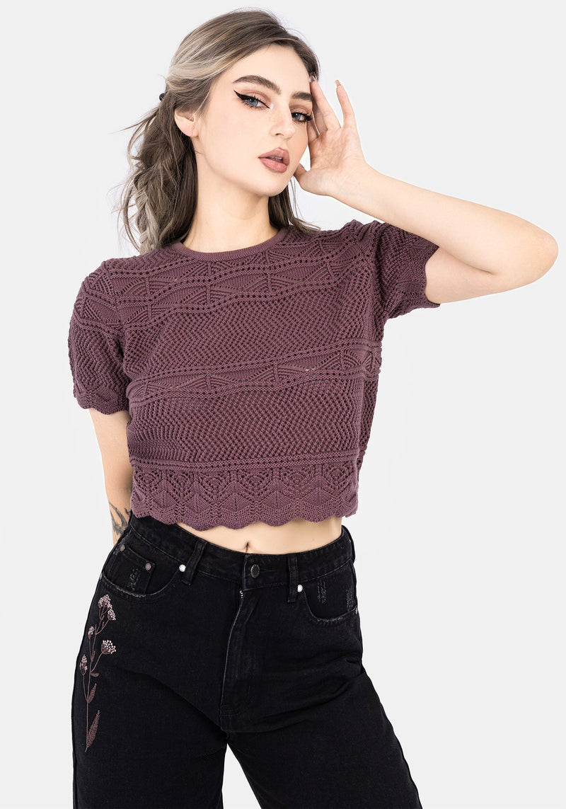Hooked Pointelle Short Sleeve Crop Top - Purple