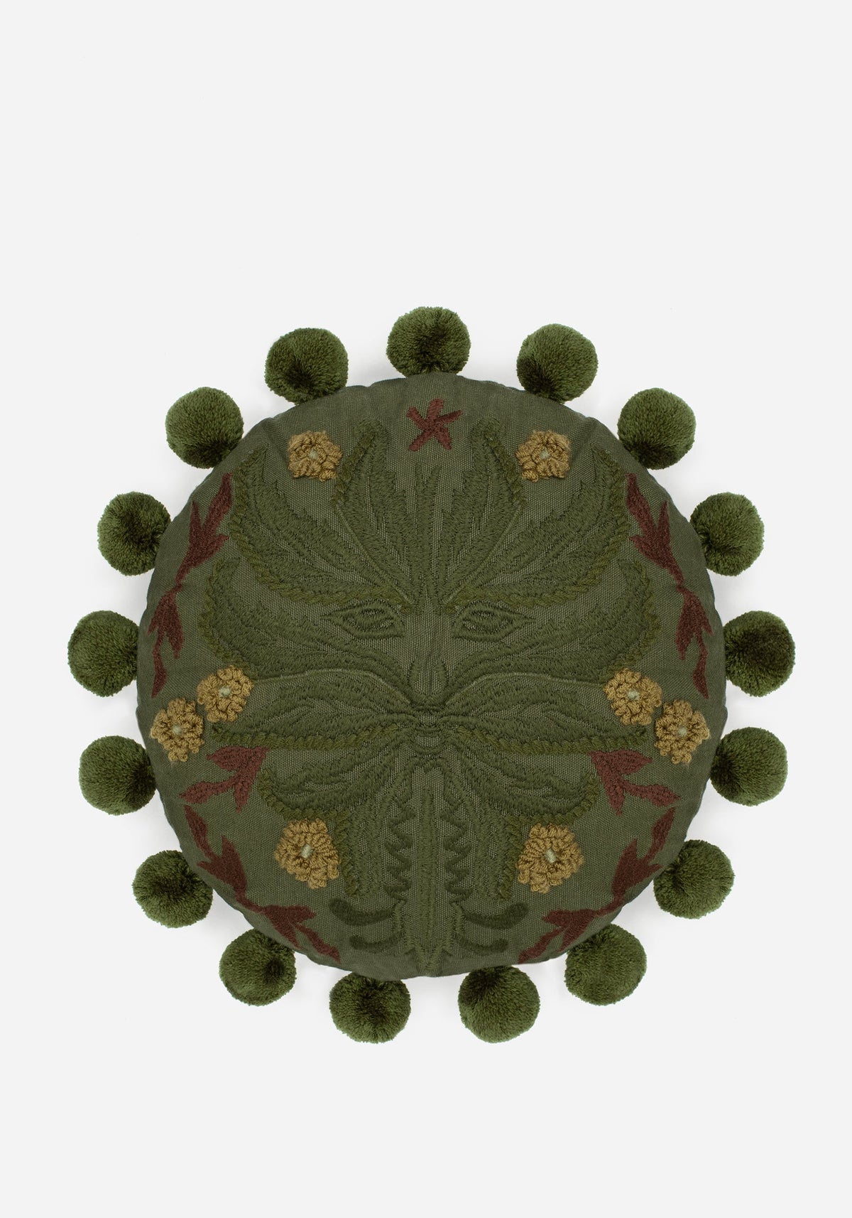 Foliate Embroidered Pom-Pom Round Cushion