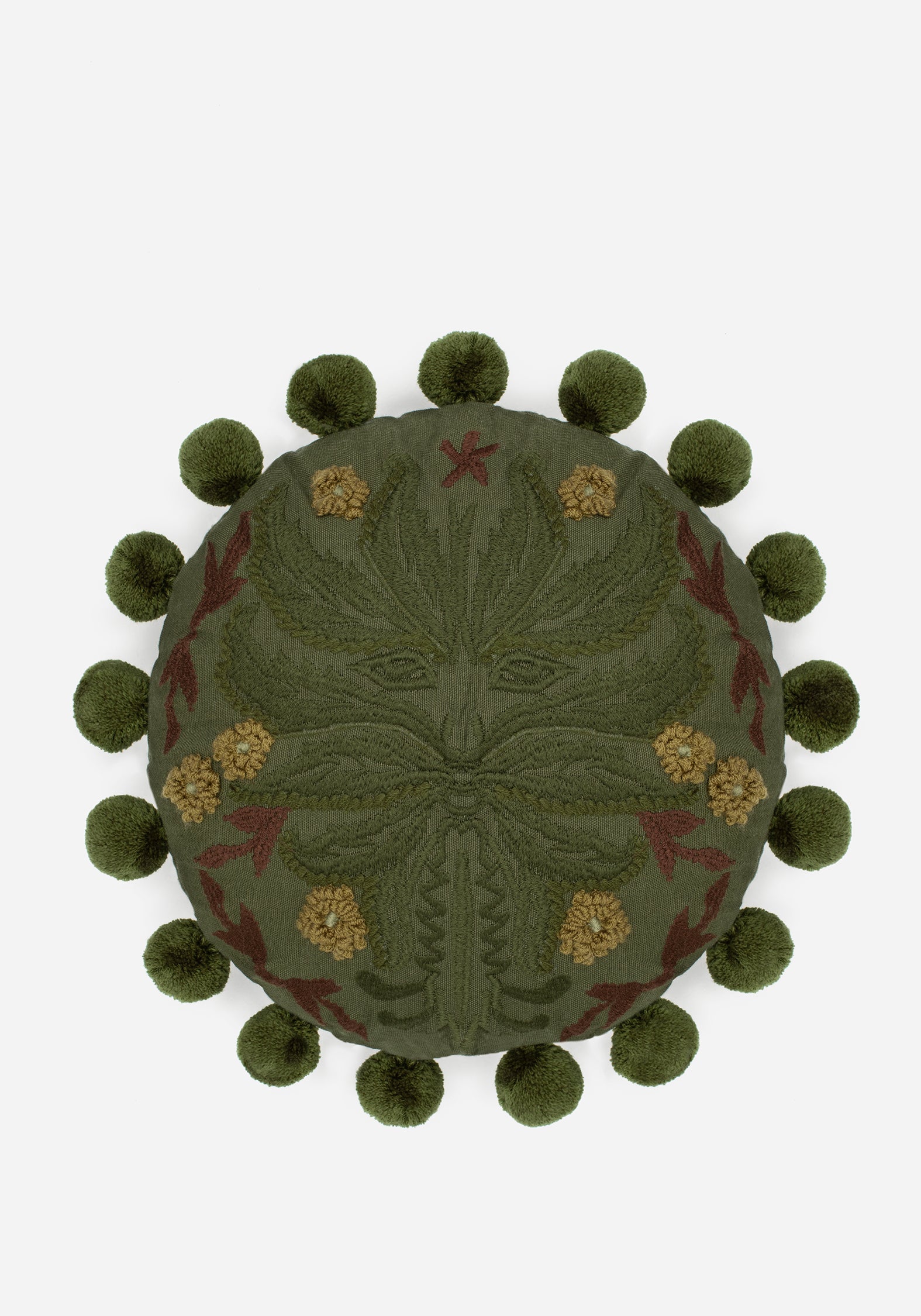 Foliate Embroidered Pom-Pom Round Cushion