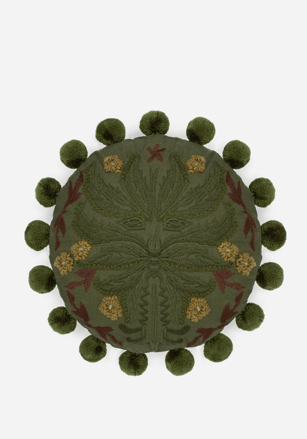 Foliate Embroidered Pom-Pom Round Cushion