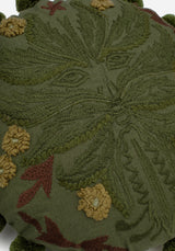 Foliate Embroidered Pom-Pom Round Cushion