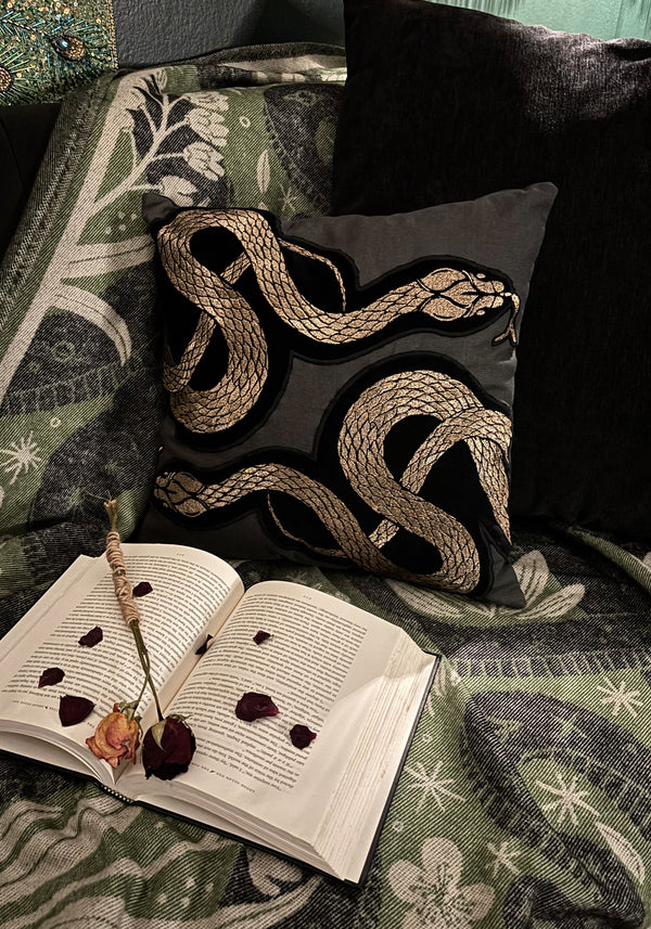 Zarina Snake Embroidered Velour Throw Cushion