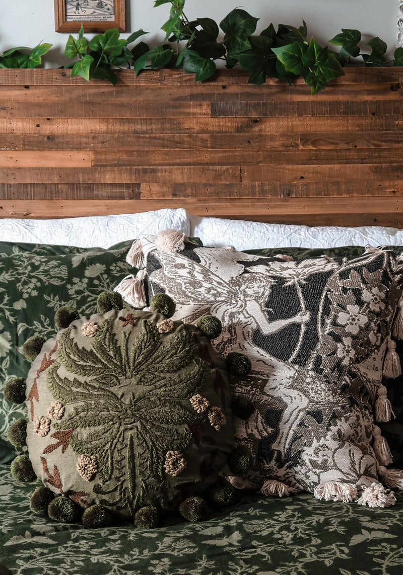 Foliate Embroidered Pom-Pom Round Cushion