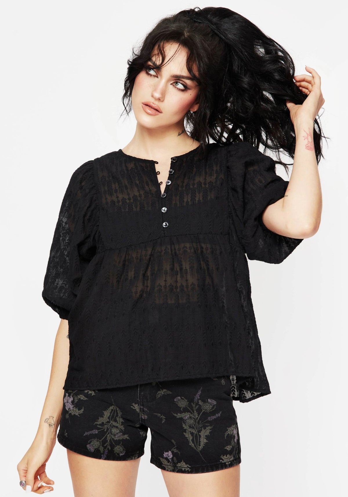 Evangeline Knopf Hoch Peplum Bluse Top