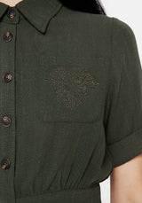Foliate Linen-Blend Embroidered Short Sleeve Crop Shirt - Green