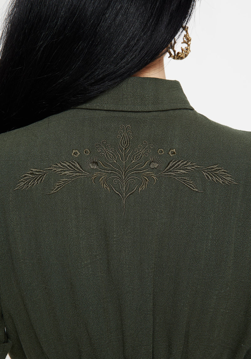 Foliate Linen-Blend Embroidered Short Sleeve Crop Shirt - Green
