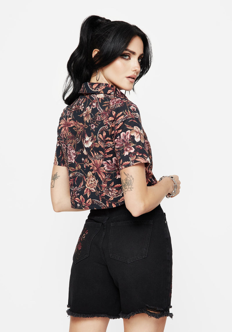 Bashe Cotton Floral Snake Print Short Sleeve Shirt