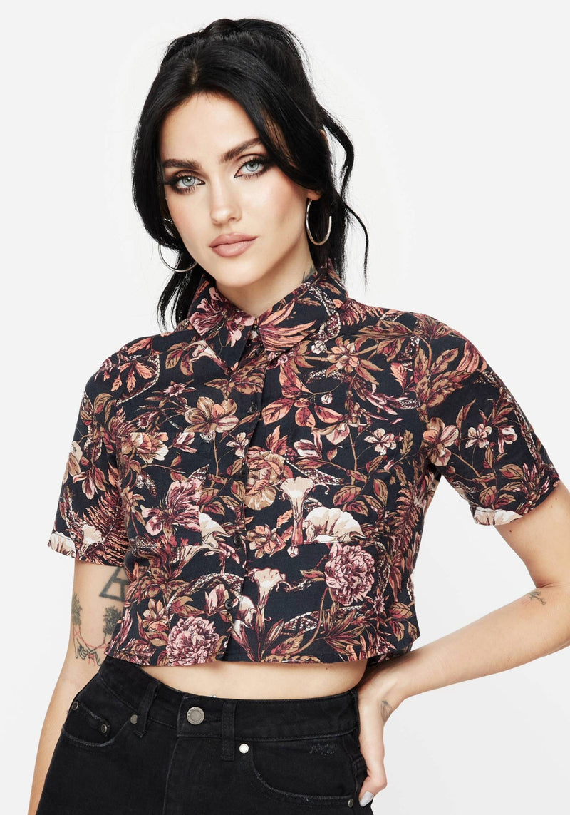 Bashe Cotton Floral Snake Print Short Sleeve Shirt