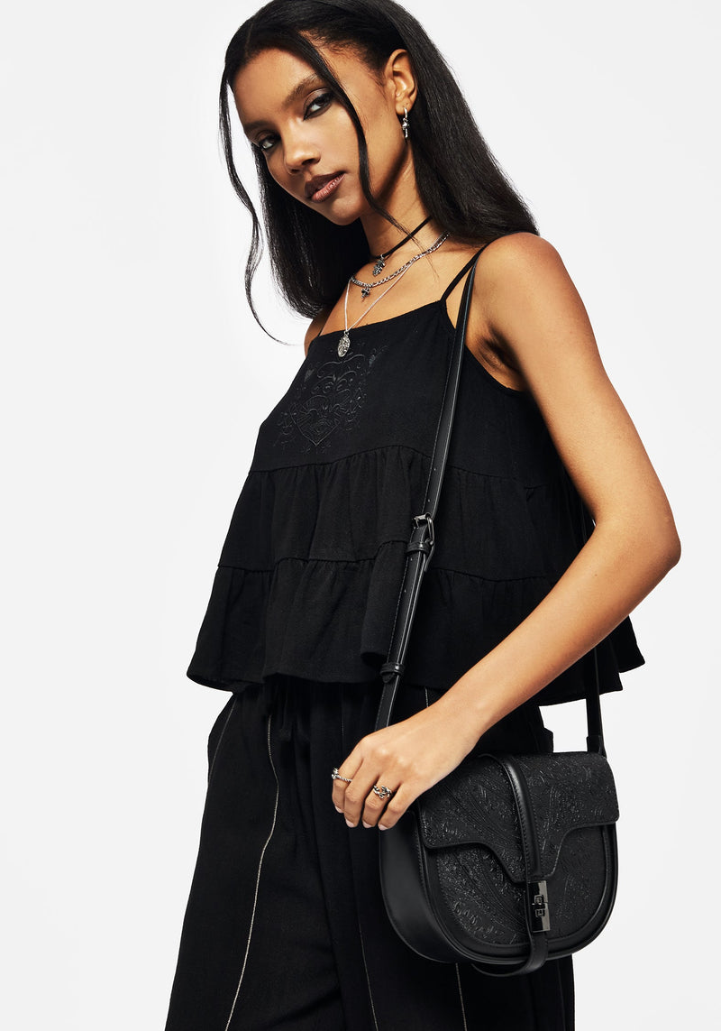 Cordata Linen-Blend Embroidered Tiered Cami Top - Black