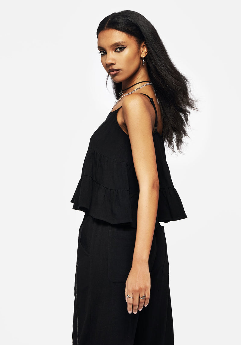 Cordata Linen-Blend Embroidered Tiered Cami Top - Black