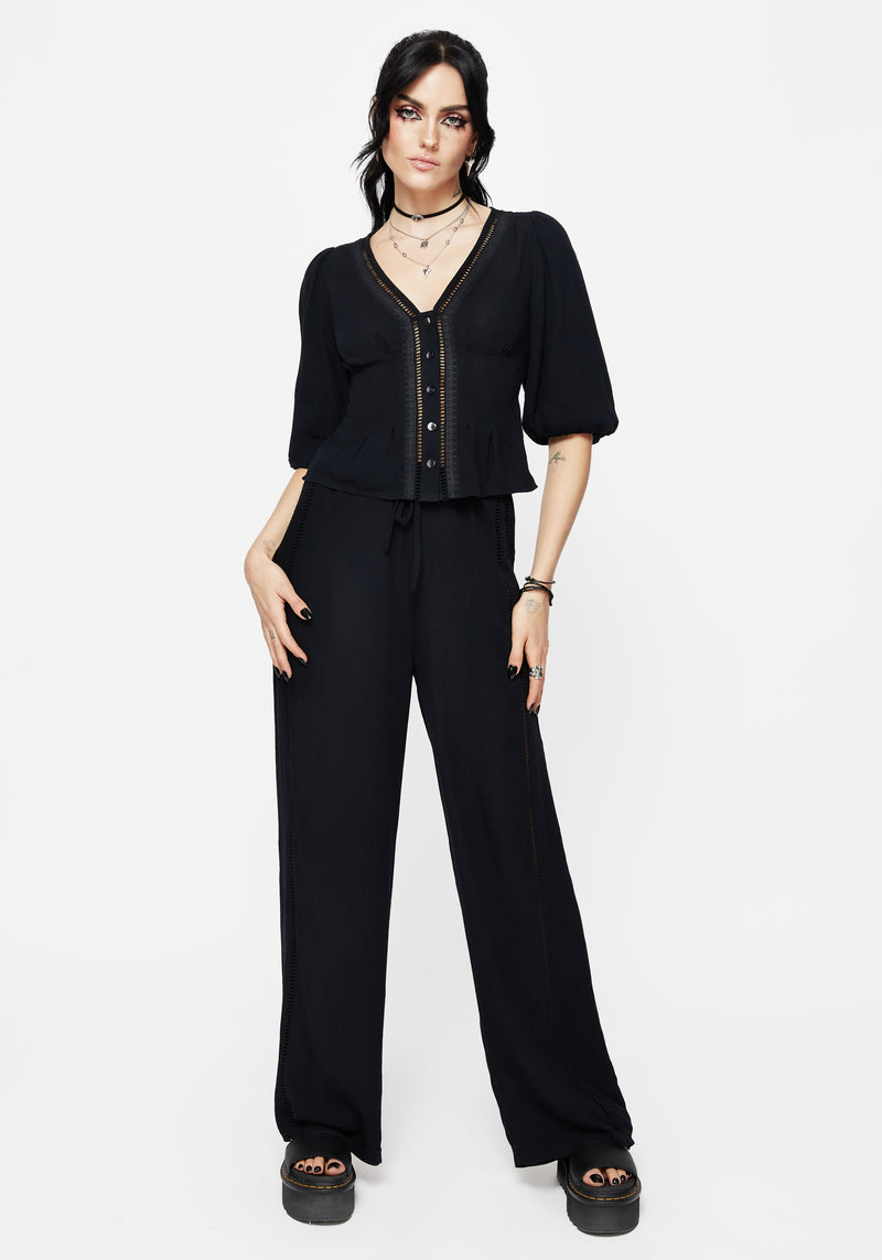 Blessing Lace Trim Tapered Waist Blouse Top