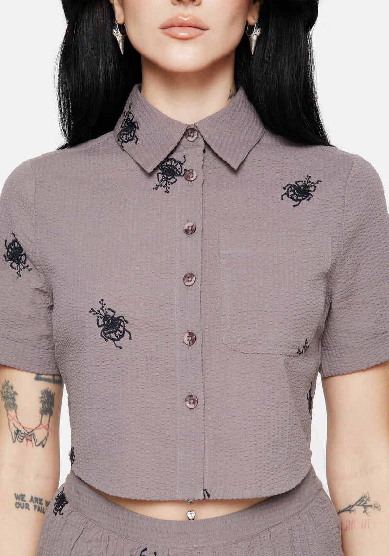 Stag Beetle Embroidered Button Up Shirt