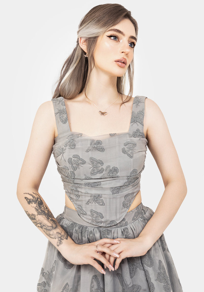 Vanessa Butterfly Print Organza Ruched Bodice Corset Top