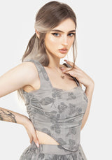 Vanessa Butterfly Print Organza Ruched Bodice Corset Top