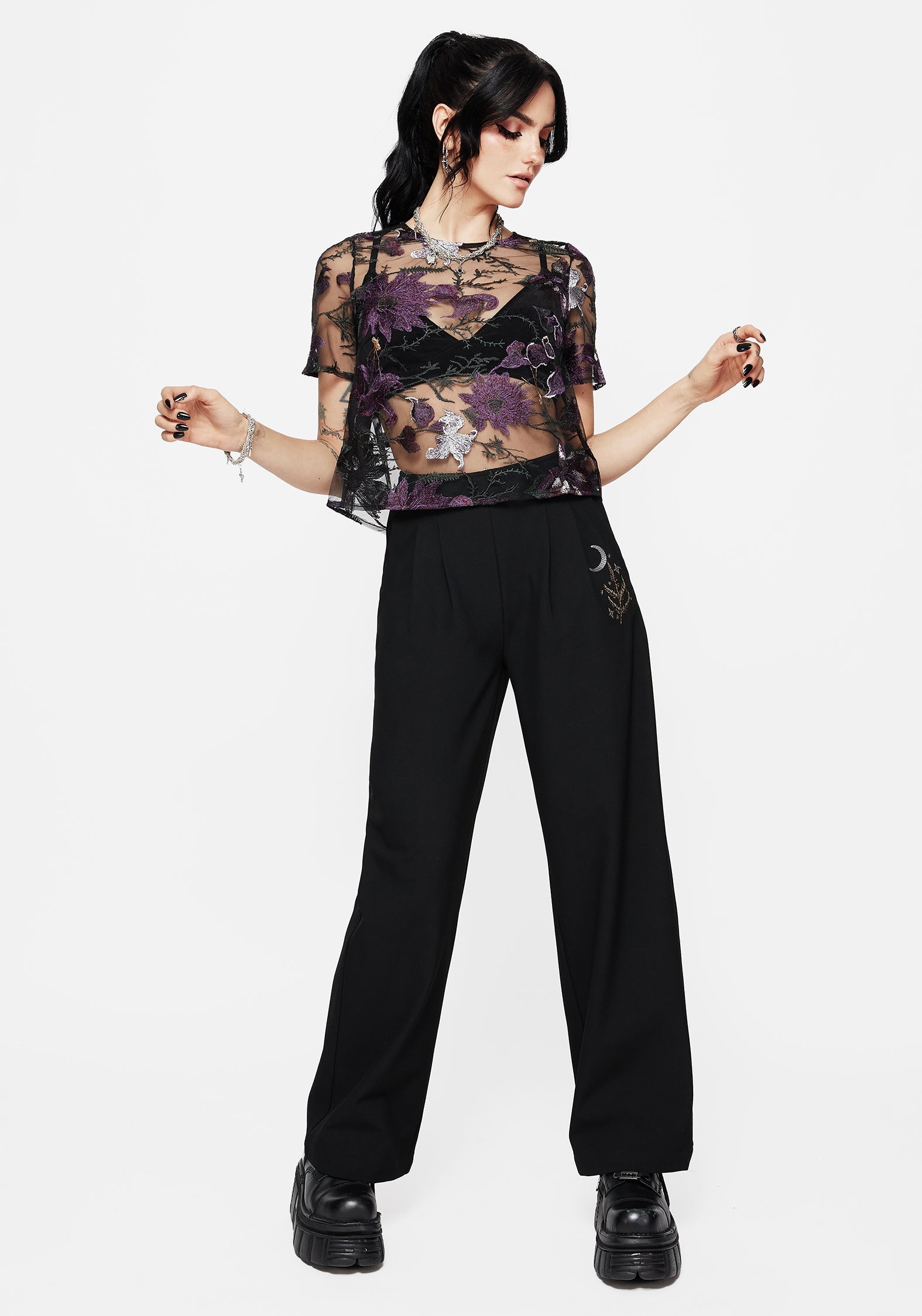 Estrid Embroidered Mesh Tie Back Blouse Top