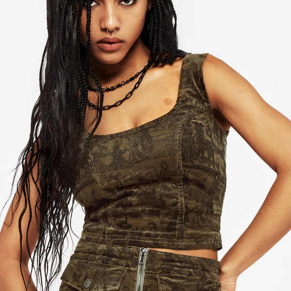 Disturbia | Diabolical Cord Woodcut Print Zip Corset Top | Corsets