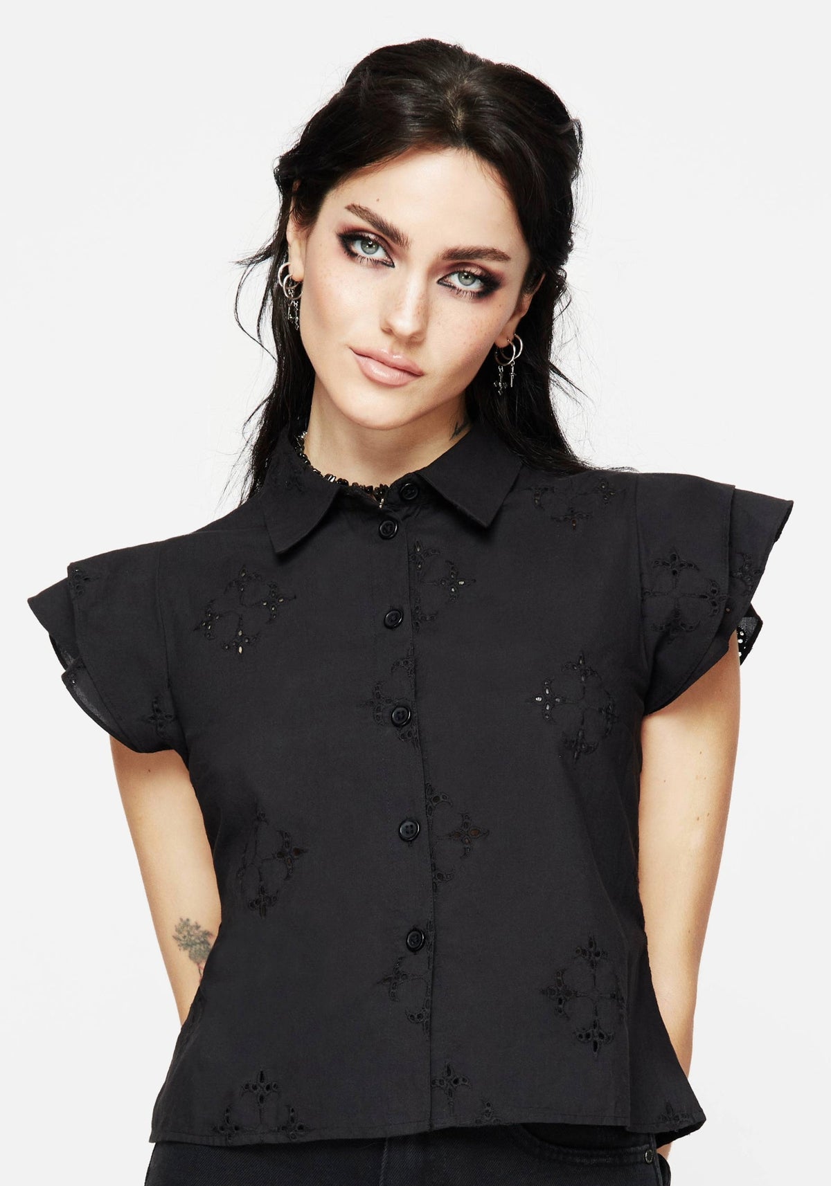 Crux Broderie Cotton Frill Sleeve Button Up Shirt