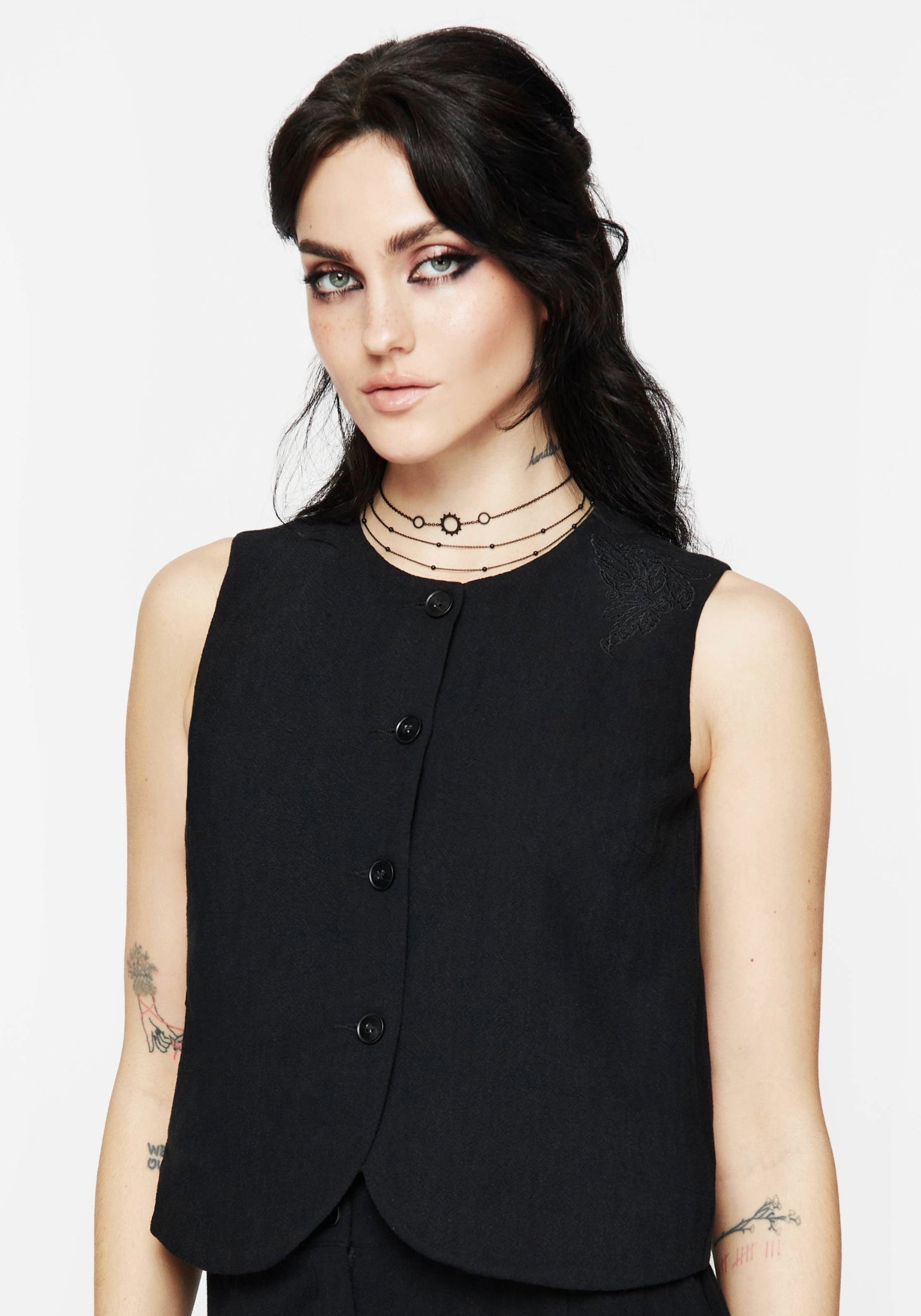 Aya Embroidered Linen Blend Button Front Waistcoat
