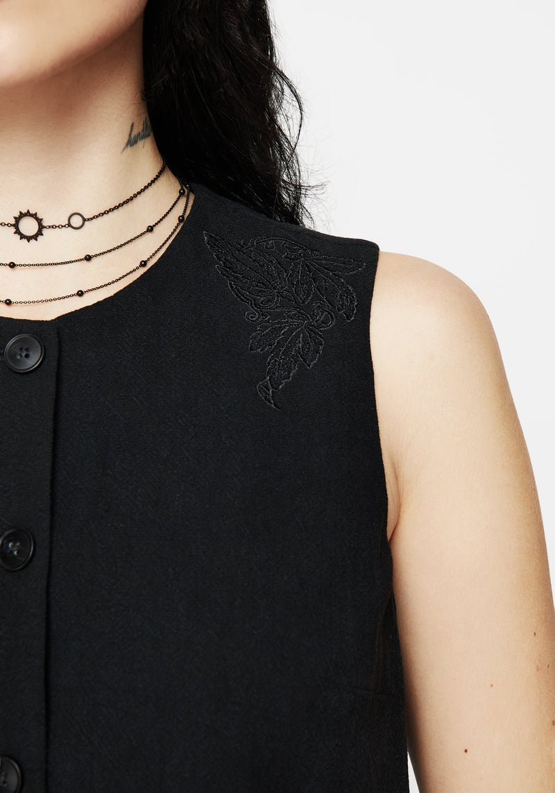 Aya Embroidered Linen Blend Button Front Waistcoat