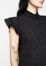 Crux Broderie Cotton Frill Sleeve Button Up Shirt