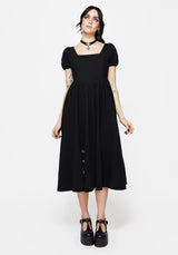 Copia Moth Embroidered Cotton Puff Sleeve Split Skirt Midi Dress