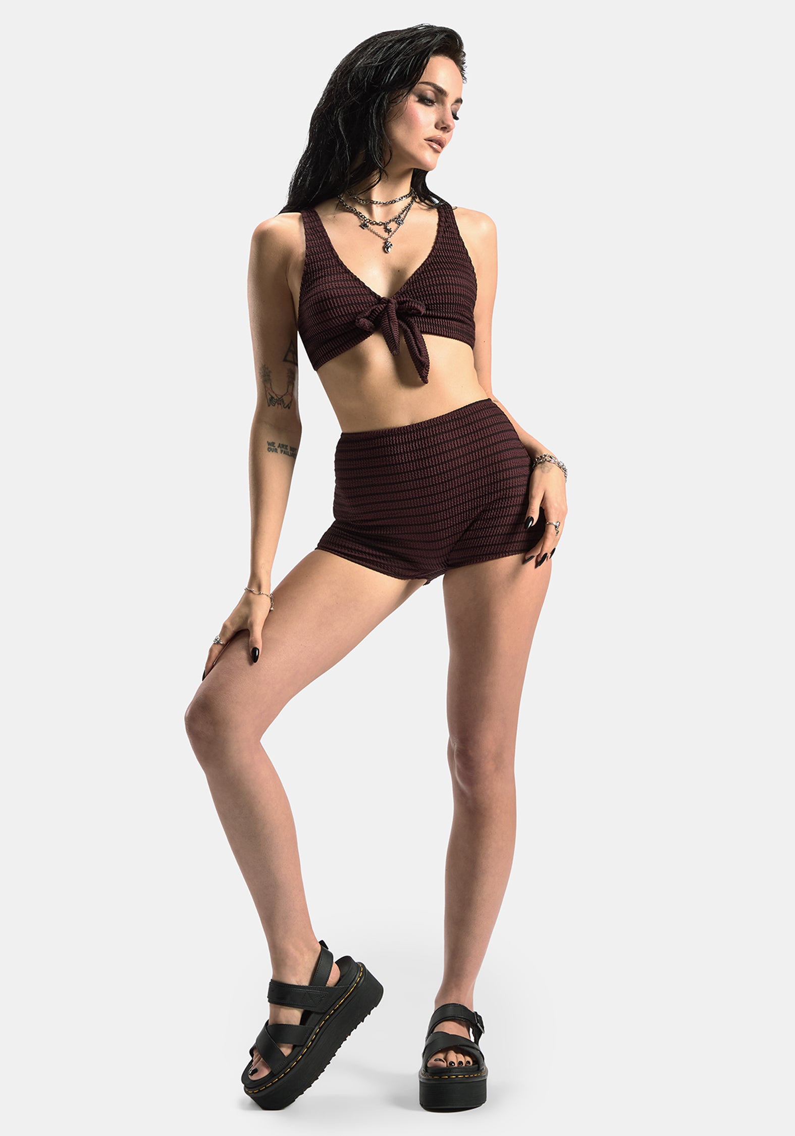 Mire Stripe Tie Detail Bikini Top - Burgundy
