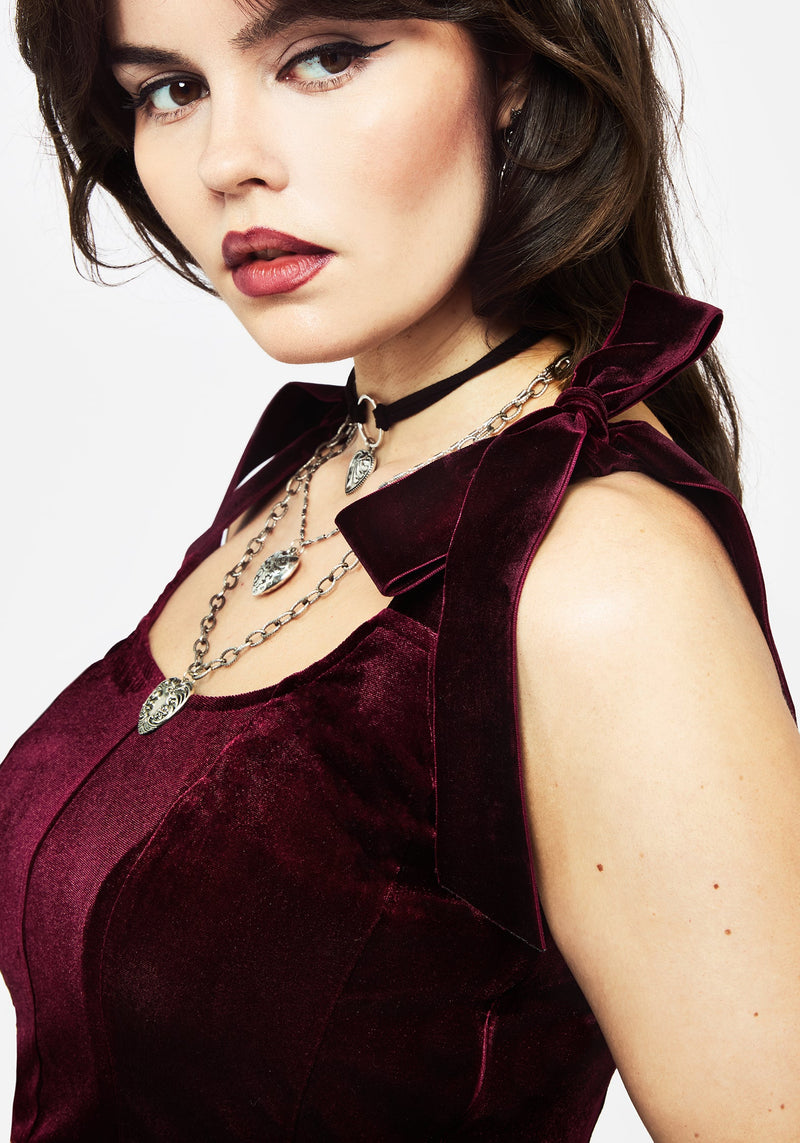 Lisette Velour Tie Strap Corset Top - Red