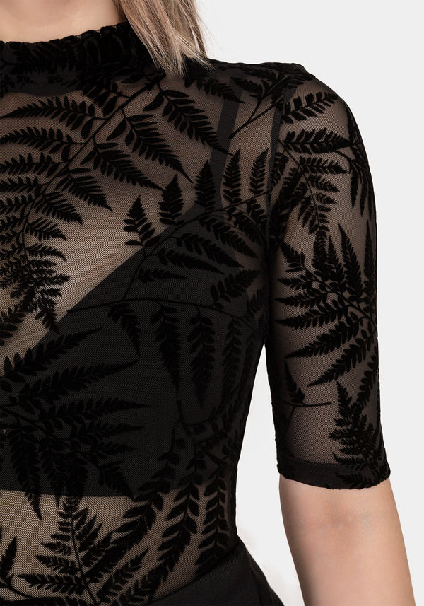 LunaFern Beflockt Farn Kurz Ärmel Mesh Top